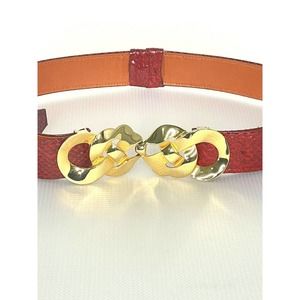Adjustable Vintage ALEXIS KIRK 80s Red Reptile Gold Love Knot Buckle Belt Signed